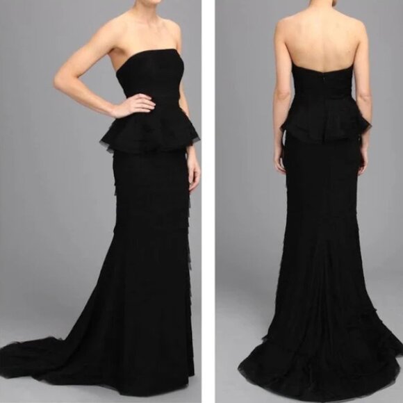 Adrianna Papell Dresses & Skirts - Adrianna Papell Shutter Peplum Gown Dress Black Lace Size 6 Strapless